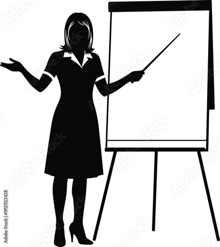 Silhouette of a professional woman giving a business presentation pointing at a blank flip chart board during a corporate seminar or educational workshop on white background
