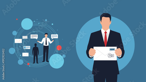 Businessman in a dark suit holds a letter while digital communication icons and silhouettes of people swirl in the background.