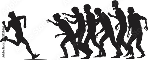 Zombie chase silhouette illustration, running scared man escaping undead monsters, horror Halloween concept black vector isolated background