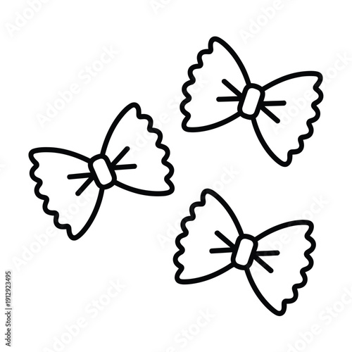 Line art illustration of three farfalle pasta shapes on a white background