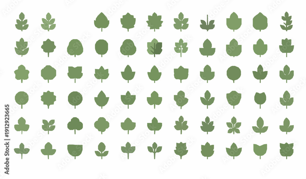 Fototapeta premium Stylized Decorative Green Tree and Leaf Clipart Collection Flat Cartoon Vector Elements Isolated on White Background