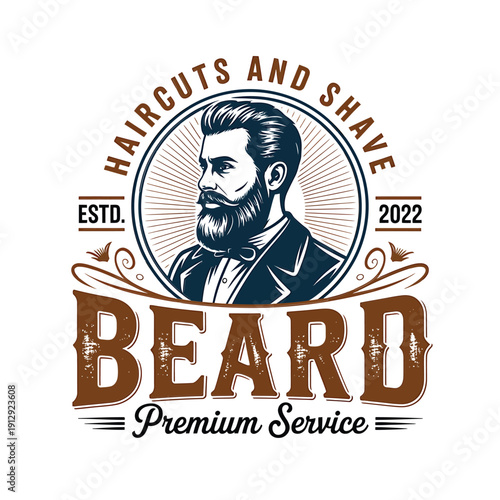 Vintage barbershop logo featuring a bearded man and ornate text design