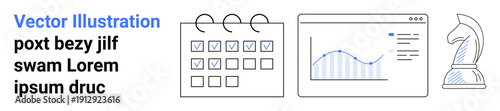 Business planning, data analysis, strategy development, time management, task organization, decision making. Calendar with checkboxes, data graph and chess piece. Business planning and data analysis