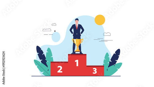 Victorious businessman in a professional suit stands on top of a red podium next to a large gold trophy cup celebrating success.