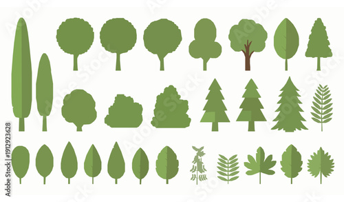Flat Style Green Tree and Leaf Collection Vector Botanical Elements Isolated on White Background