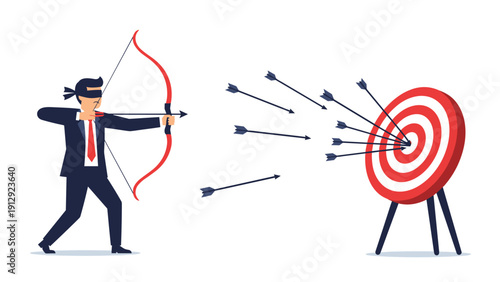 Blindfolded businessman in a formal suit attempts to hit a bullseye target with a bow and many missed arrows scattered around.
