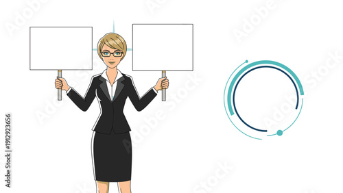Blonde businesswoman wearing glasses stands between two blank white signs ready for custom text, advertising, and messaging.