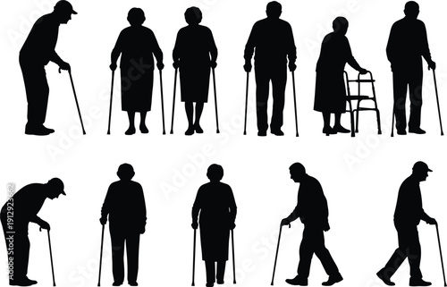 Silhouette set of elderly men and women walking with canes and walkers symbolizing senior care retirement lifestyle and aging population health support.