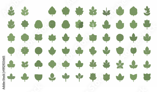 Stylized Decorative Green Tree and Leaf Clipart Collection Flat Cartoon Vector Elements Isolated on White Background