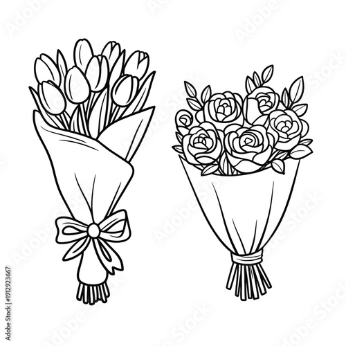 Two floral bouquets tulips and roses rendered in a simple line drawing style
