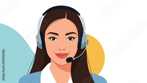Friendly female customer support representative wears a professional headset and smiles against a simple soft geometric background.