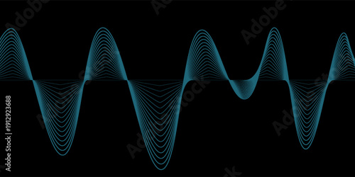 Abstract blue wavy lines of the sound wave. Dynamic gradient pulsating wave. Musical neon concept, symbols of the frequency of digital music. Vector illustration on a black background
