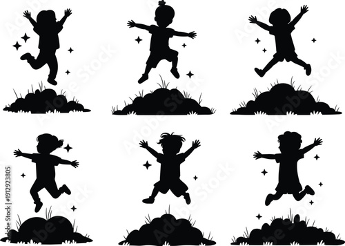 Children jumping silhouette set, happy kids playful poses, childhood joy, outdoor fun, black vector illustration, cartoon activity, isolated white background