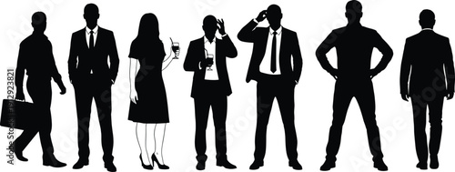 Silhouette set of professional business people standing in row including men in suits and woman holding drink symbolizing corporate team diversity and success.