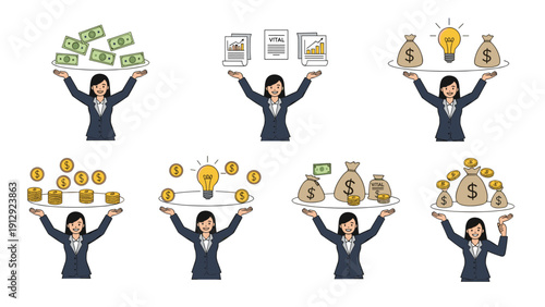 Collection of several illustrations shows a professional woman balancing various financial symbols like money bags and gold coins.