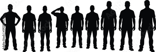 Silhouette set of nine casual men standing in a row including one man saluting and others standing straight representing team unity and friendship.