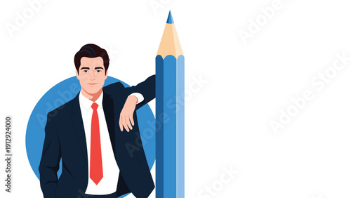 Confident businessman in a dark suit leans against a giant blue pencil against a simple white and blue circular background.
