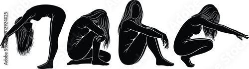 Black silhouettes of a woman in various yoga poses and emotional stretches isolated on white background for health wellness fitness and mental health design