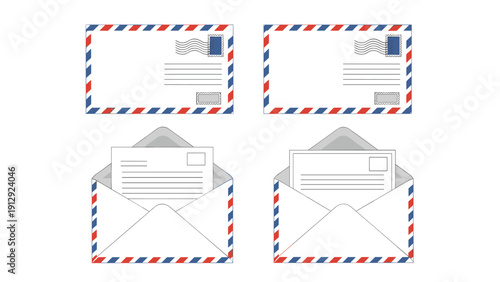 Collection of four airmail envelopes includes two sealed versions and two open ones containing blank white letter paper.