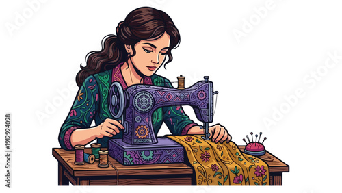 Woman diligently sewing fabric on a vintage sewing machine.