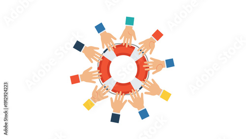 Multiple hands in colorful shirt sleeves reach out from all sides to grab a red and white lifebuoy for safety and rescue.