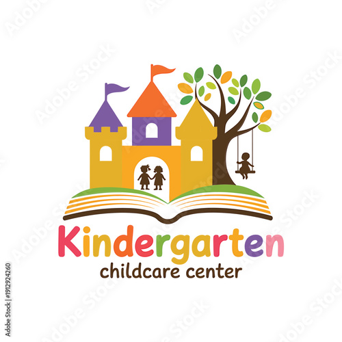 Colorful illustration of a castle themed kindergarten and childcare center logo