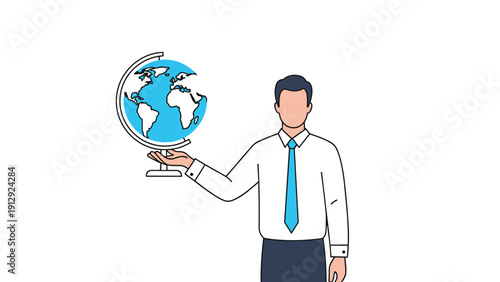 Professional man in a white shirt and blue tie holds a desk globe showing the blue oceans and continents of planet Earth.