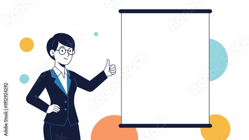 Young businesswoman in a professional suit gives a thumbs up while standing next to a large blank white flipchart stand.