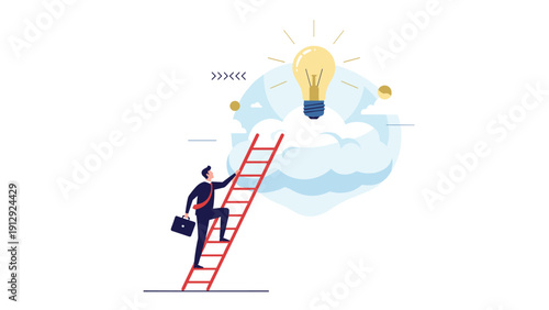 Professional businessman in a suit climbs a long red ladder to reach a glowing light bulb inside a floating human brain.