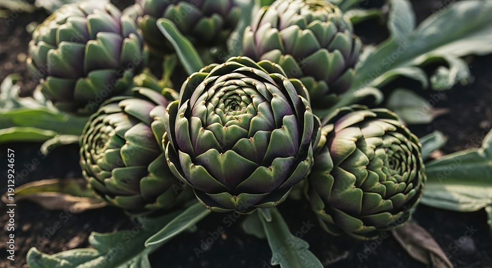 Fototapeta premium Fresh green artichokes growing in a garden with rich soil and natural sunlight