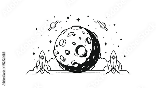 Simple line art illustration depicts a cratered moon surrounded by rockets and small planets in a deep starry space scene.