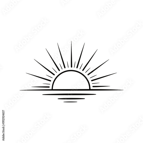 Minimalist black and white illustration of a setting sun over water