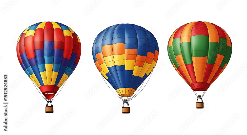 Fototapeta premium Three colorful hot air balloons in a row on white background airship aircraft