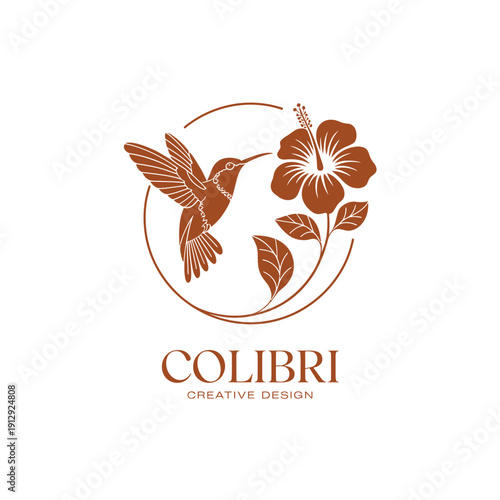 A hummingbird delicately approaches a vibrant hibiscus flower in a circular design