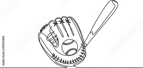 Minimalist single line drawing features baseball glove and bat