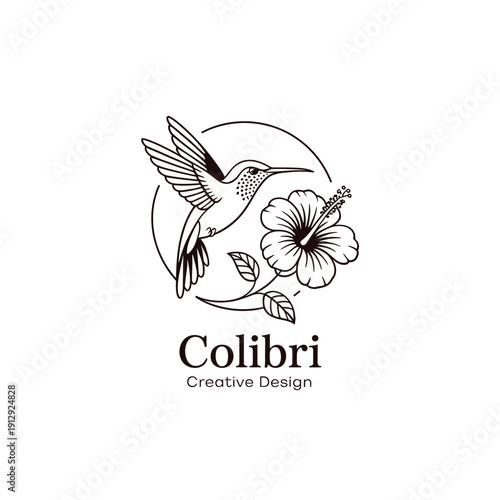A delicate hummingbird illustration with a hibiscus flower and circular design