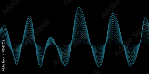 Abstract blue wavy lines of the sound wave. Dynamic gradient pulsating wave. Musical neon concept, symbols of the frequency of digital music. Vector illustration on a black background