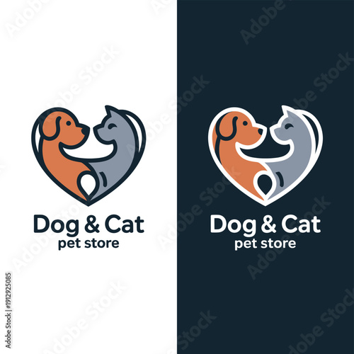 Dog and cat logo design a heart shape featuring animal faces