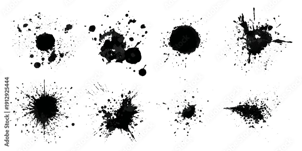 Fototapeta premium Black grungy paintbrush strokes collection with distressed splashes stains scratch. vector decorative banner template graphic background design set.