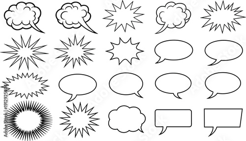 Black Outline Speech Bubbles and Comic Explosion Shapes Set Blank Dialog Balloons Vector Illustration