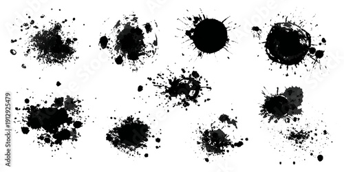 Black grungy paintbrush strokes collection with distressed splashes stains scratch. vector decorative banner template graphic background design set.