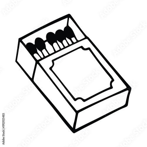 Simple black and white illustration of an open matchbox with matches