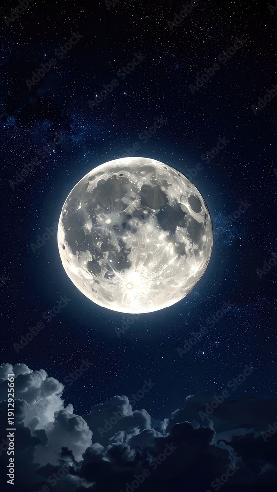 Fototapeta premium Brilliant Full Moon Illuminates a Starry Night Sky Above Dark Clouds