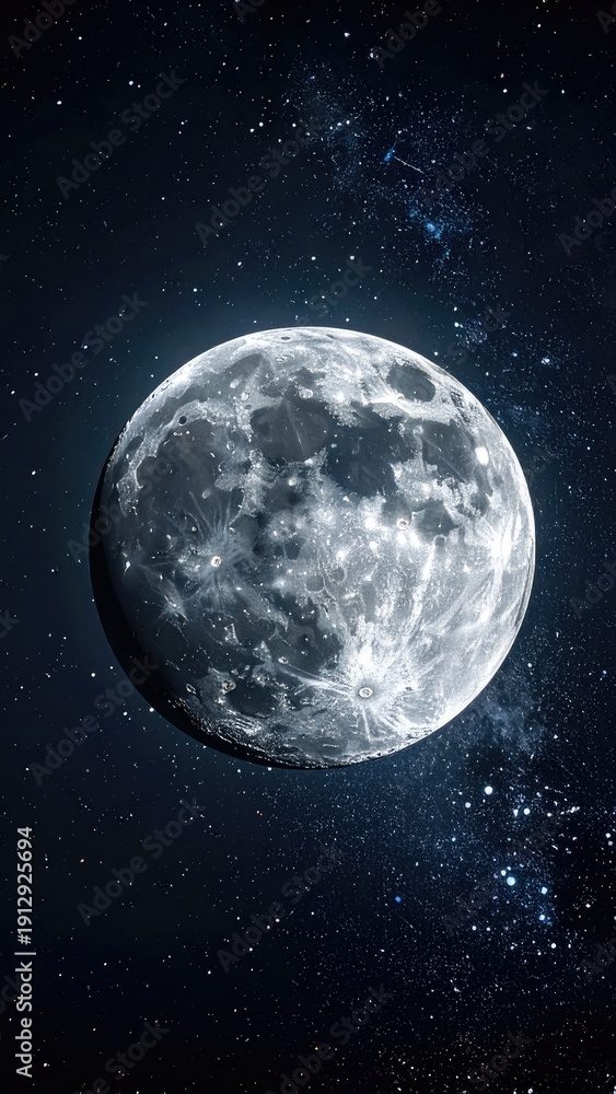 Obraz premium A detailed depiction of the Moon set against a star-filled deep space background.