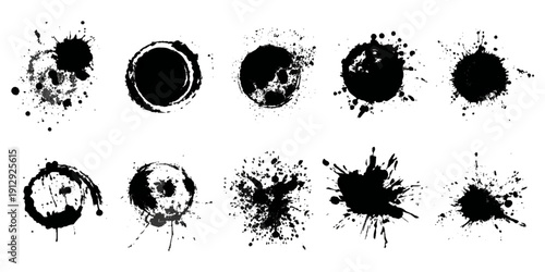 Black grungy paintbrush strokes collection with distressed splashes stains scratch. vector decorative banner template graphic background design set.