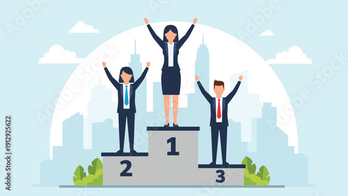 Three successful business professionals standing on a first, second, and third place podium against a city skyline, representing career competition.