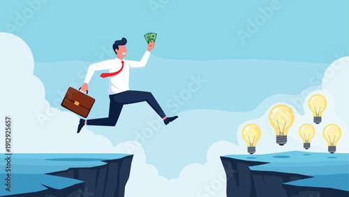 Courageous businessman jumping over a deep chasm towards a group of glowing light bulbs, representing taking a risk for innovation and new business ideas.