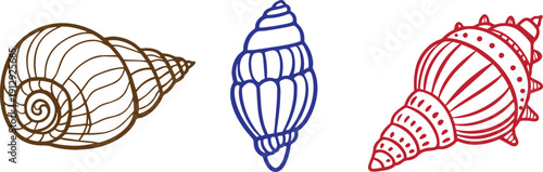 Collection of three stylized spiral seashells in brown blue red.