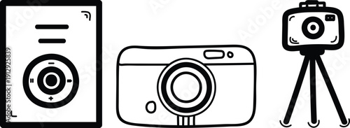 Doodle illustration of camera gear including remote and tripod setup