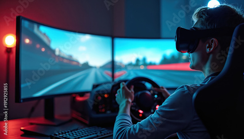 Young man wears VR headset plays car racing simulator with steering wheel and dual monitors. Gamer enjoys virtual driving experience at home.